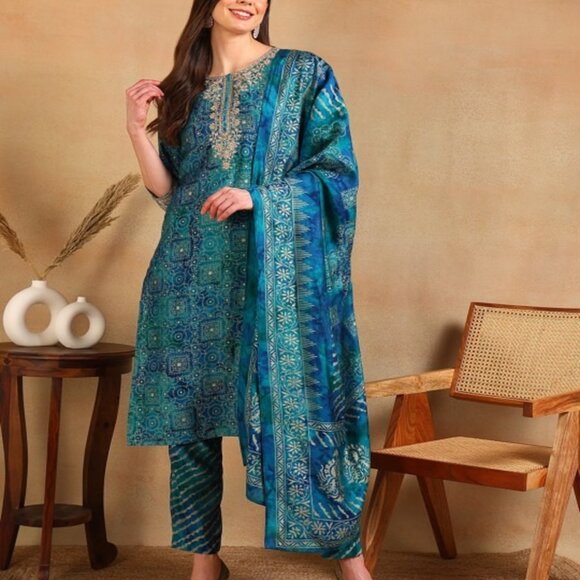 Shivansh Creations Women’s Teal Blue Printed Silk Blend Kurta Set– Ethnic Dress - Picture 2 of 10